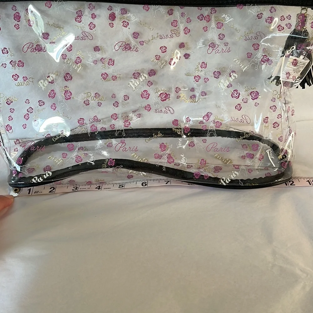 Clear cosmetic makeup bag with pink roses and Eiffel Tower gold hardware tassel